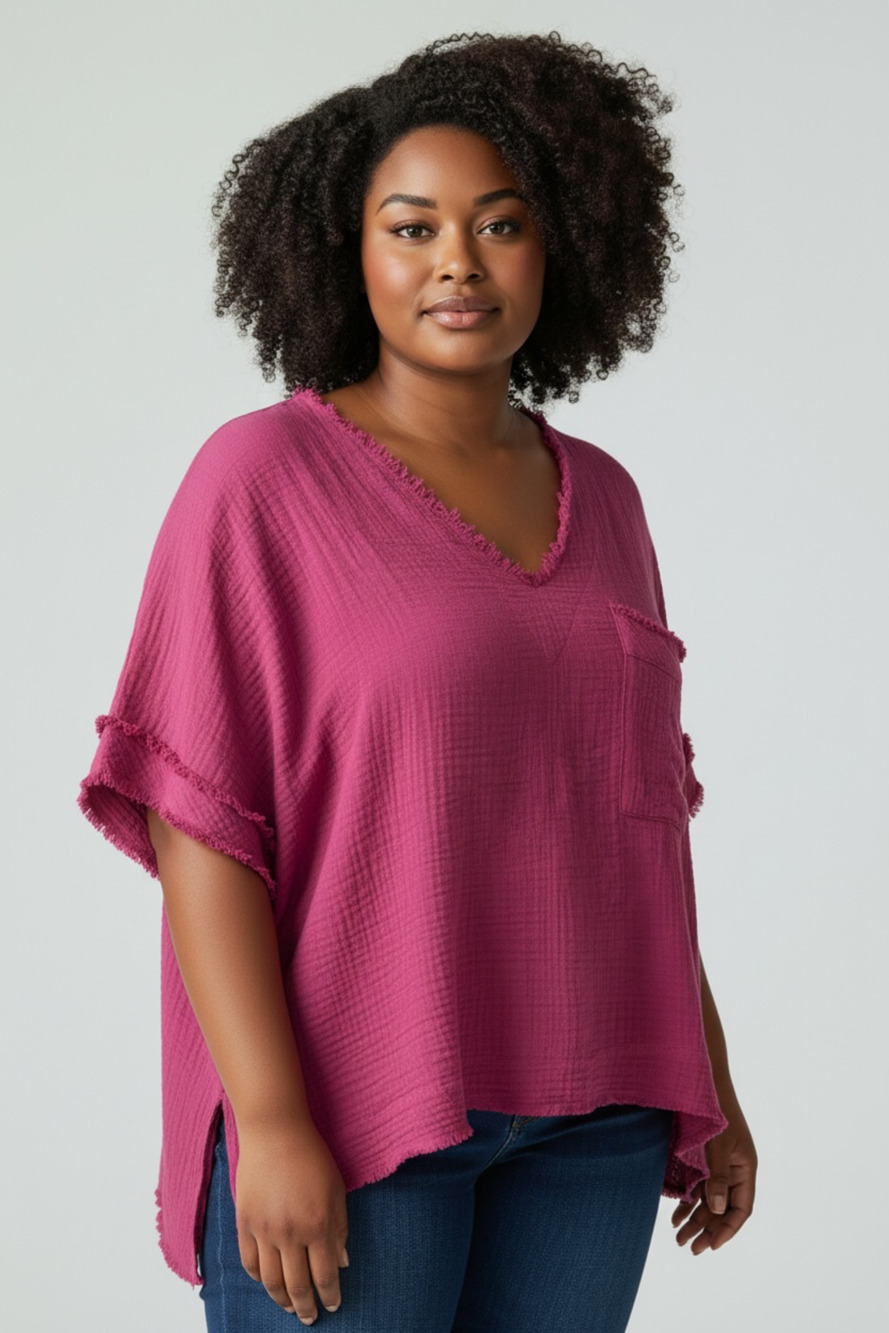 Entro Cotton Gauze V-Neck Raw Edge Short Sleeve Pocket Top in Fuchsia
